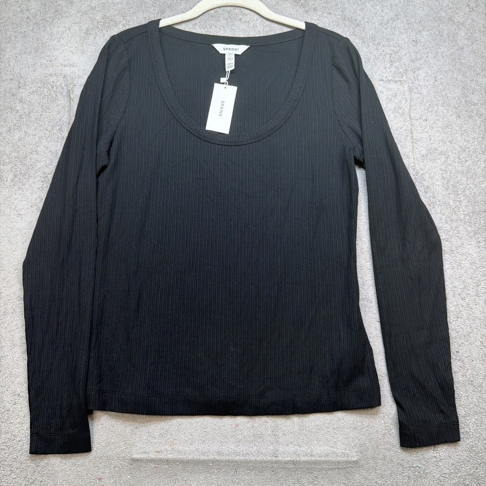 Spanx Ribbed Long Sleeve Scoop Neck Top Black Medium